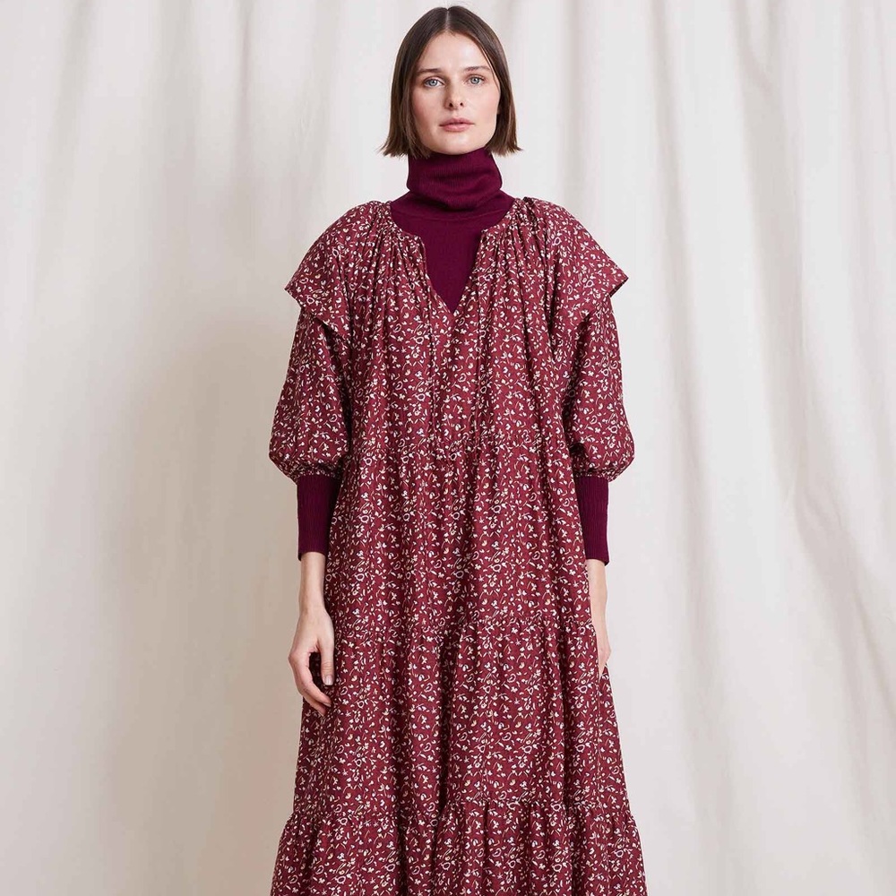 Apiece Apart Burgundy Floral Midi Dress